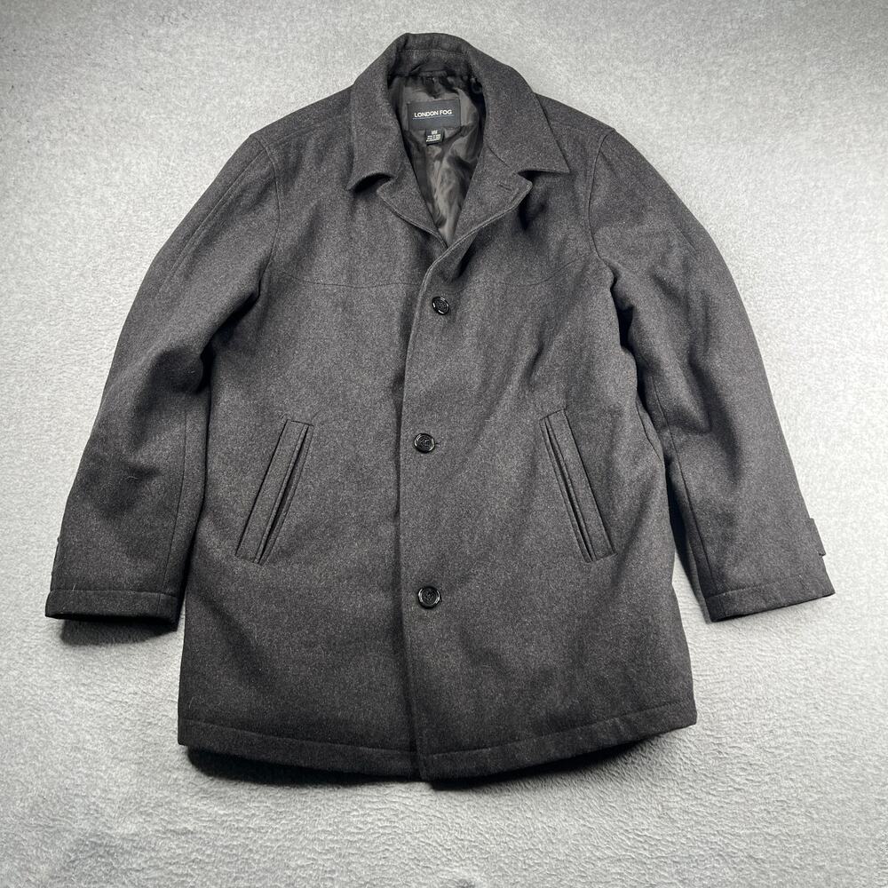 London Fog Coat Medium Gray Wool Blend Pockets 4 Button Heavy Mens *SEE